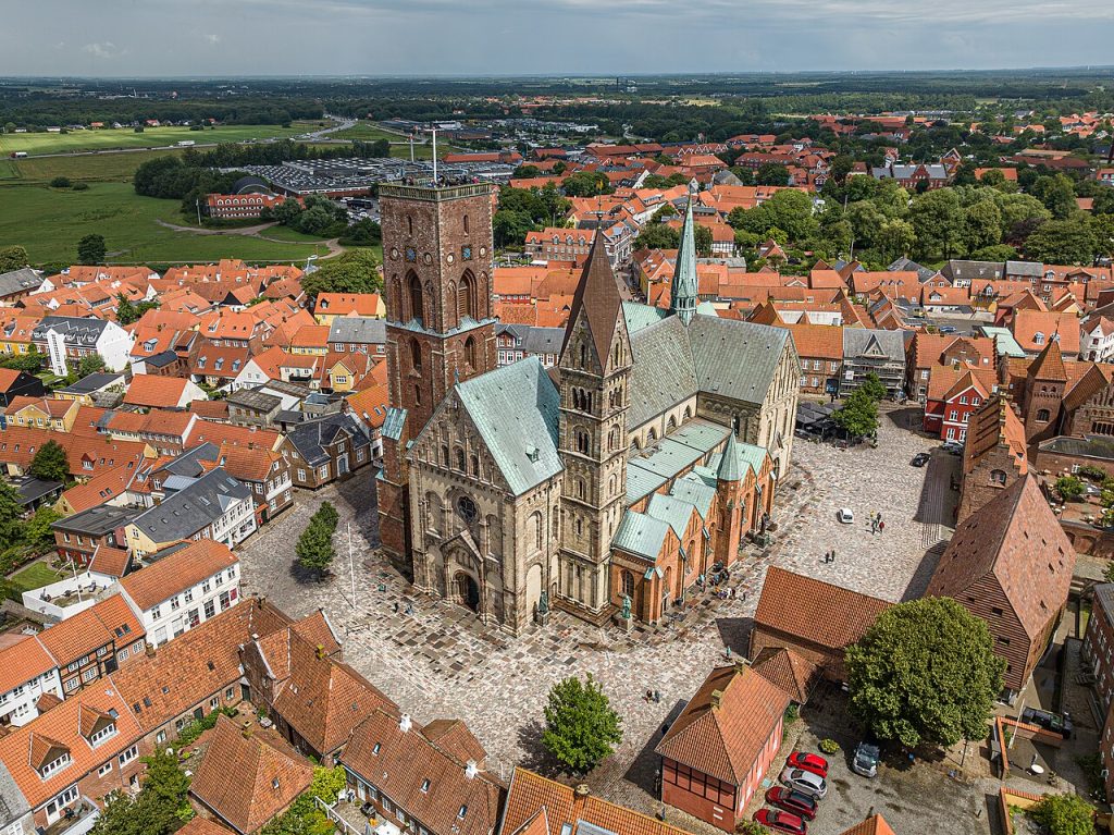 Aerial view of the cathedral and red-roofed old town