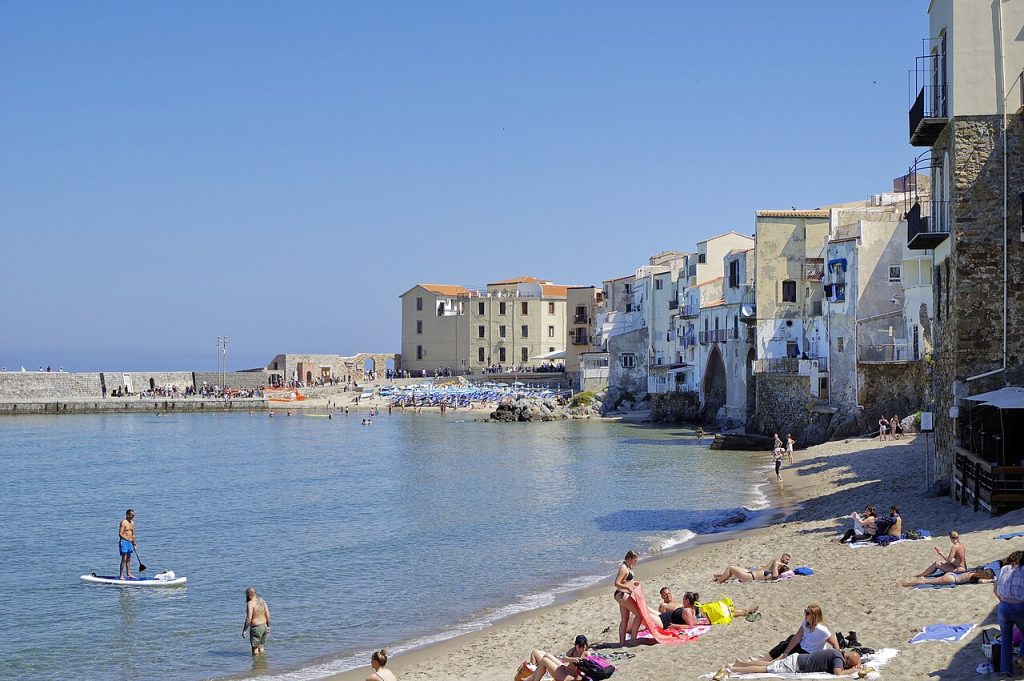 Old houses built right on the sea wall along the waterfront