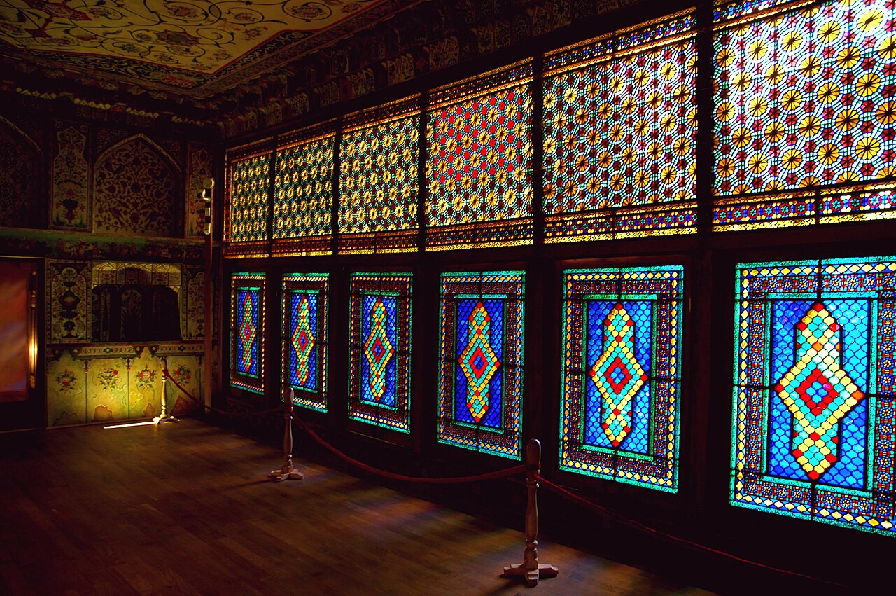 Colorful shebeke stained-glass windows inside the khans' palace