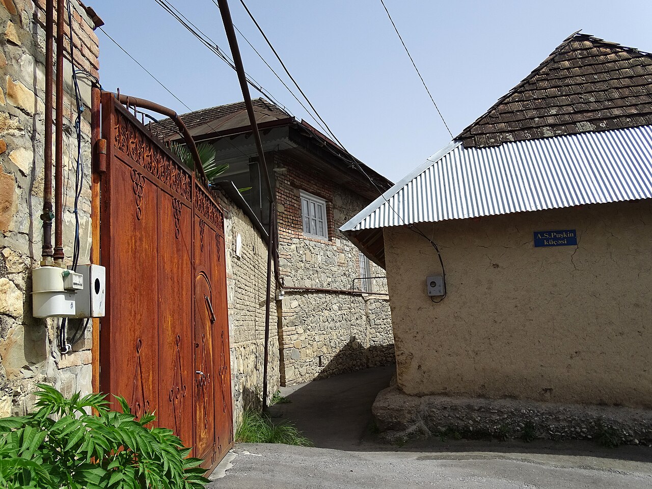 Old town street with traditional houses in Sheki Azerbaijan