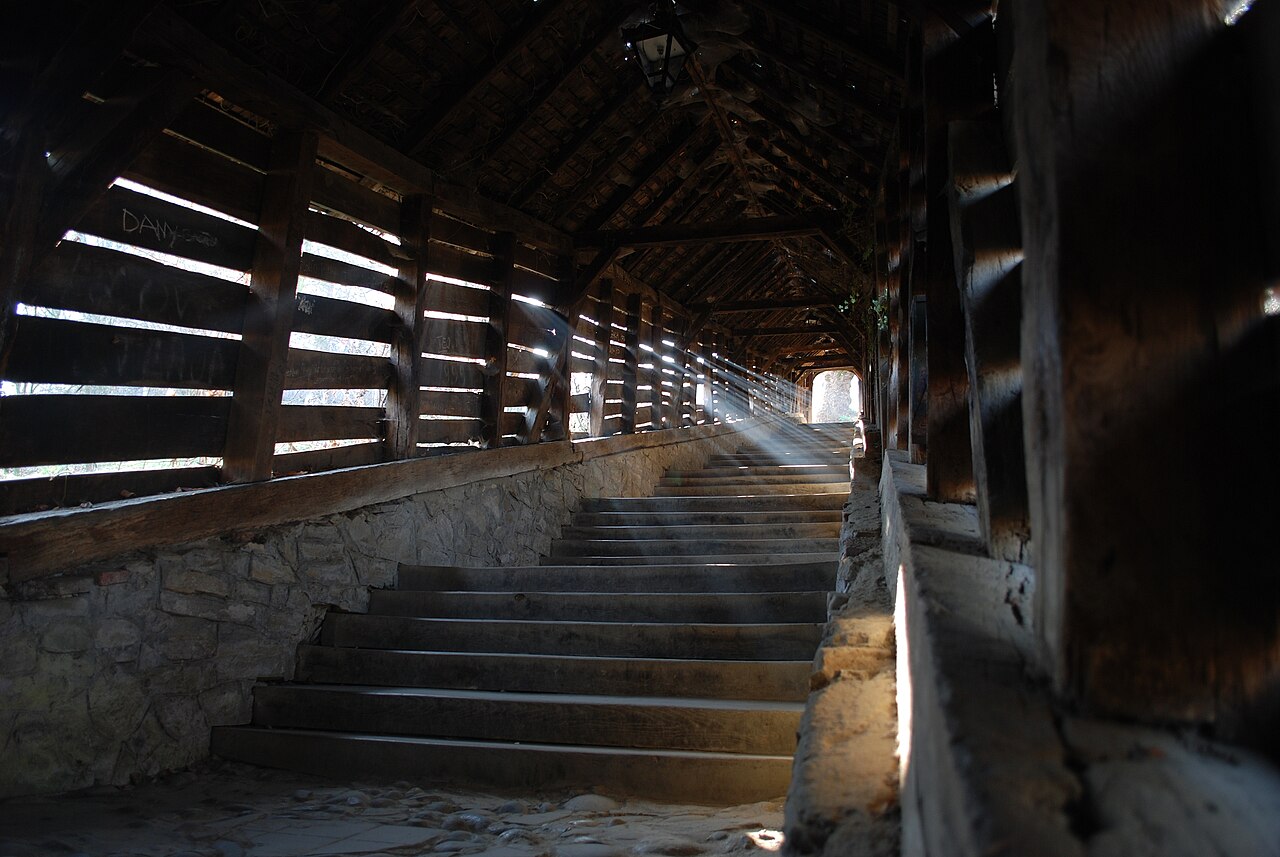 Inside the wooden Covered Staircase leading up the hill