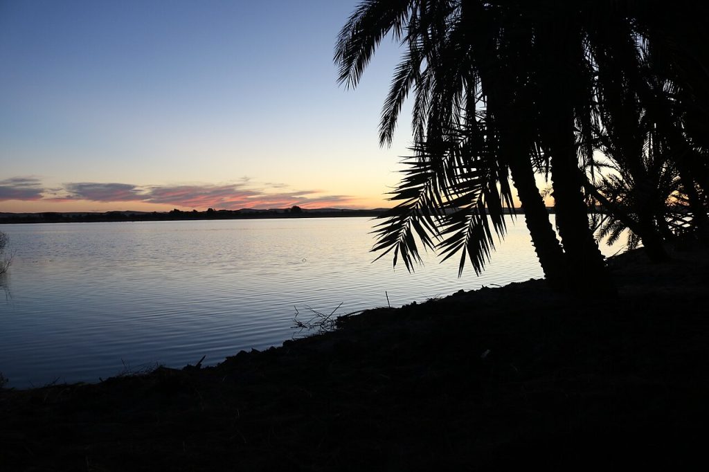 Sunset over the salt lake near Fatnas with palm trees