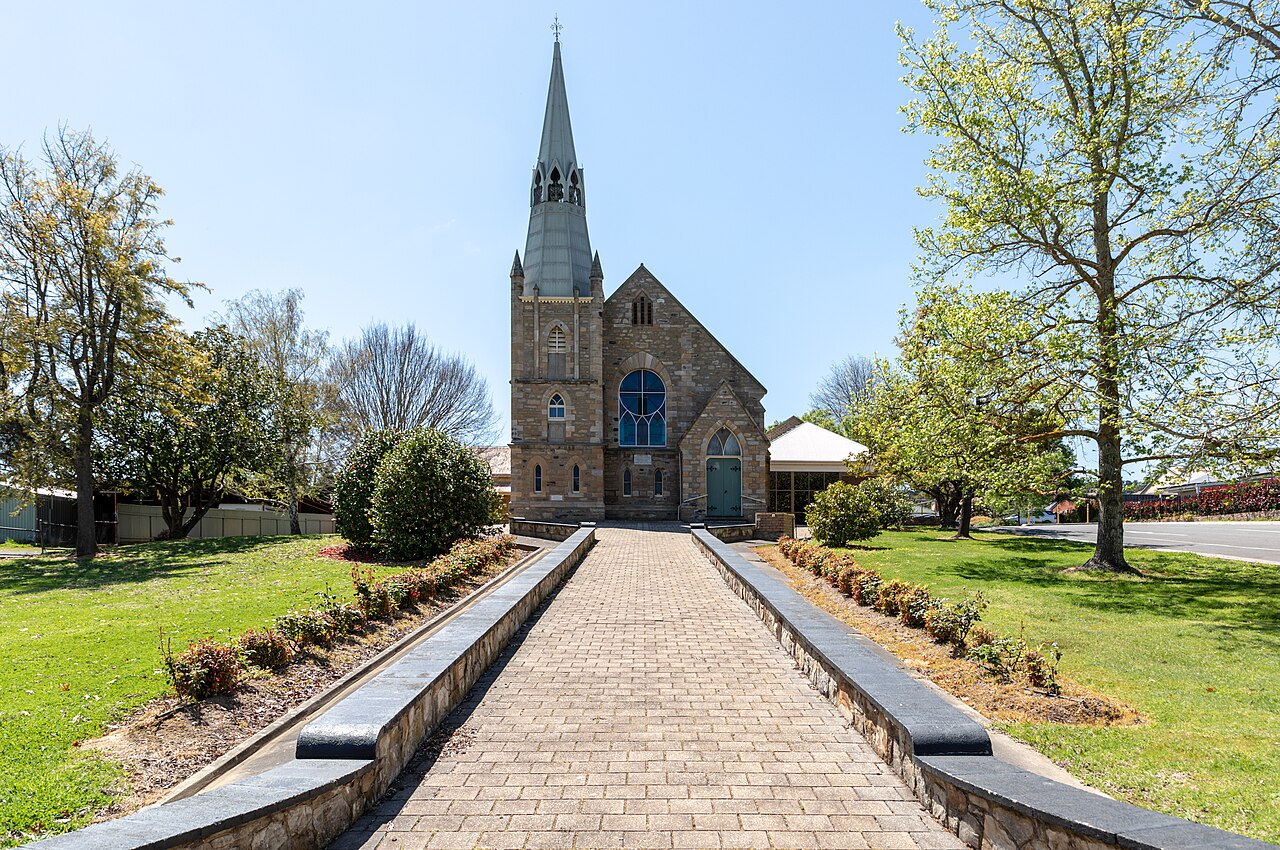 Stone Lutheran church with a tall spire