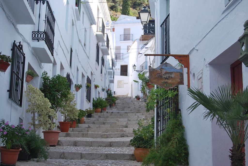 A steep stepped street lined with white houses and plants