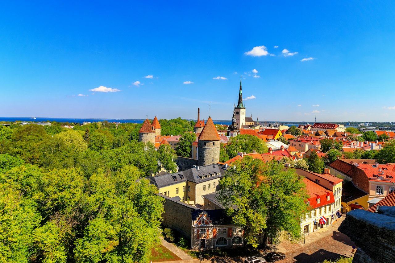 Aerial view of Tallinn Old Town with a church tower