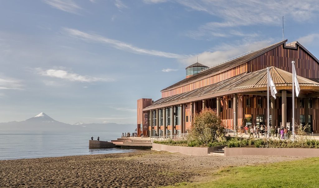 Teatro del Lago with Osorno Volcano across Lake Llanquihue