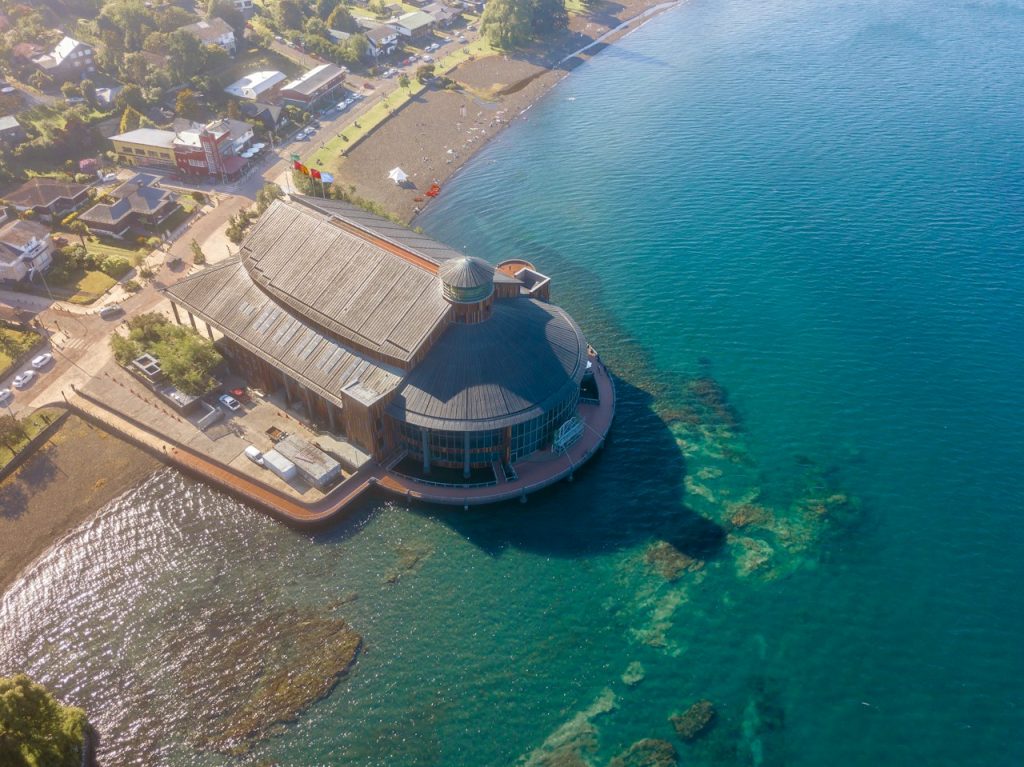 Aerial view of Teatro del Lago built over the shore of Lake Llanquihue