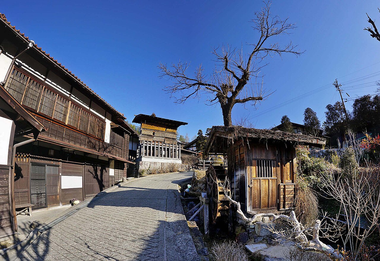 Traditional wooden houses with dark lattice fronts