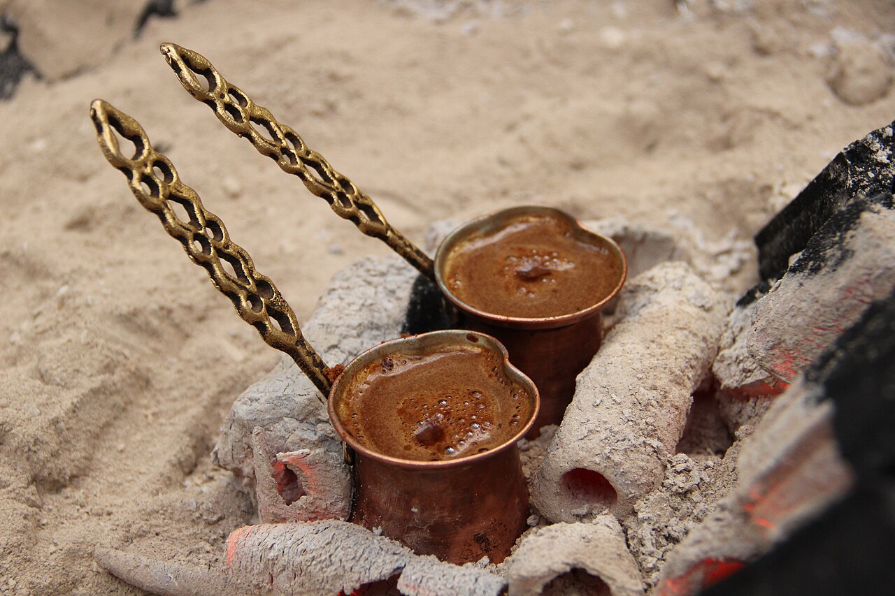 Turkish coffee brewing in hot sand in Safranbolu Turkey