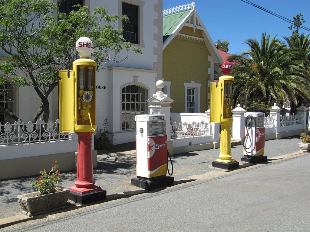 Vintage petrol pumps outside a small museum
