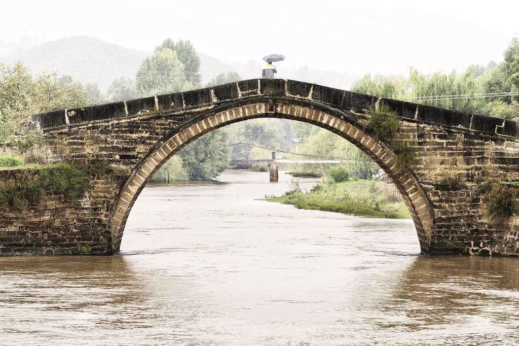 The arched stone Yujin Bridge over the Heihui River