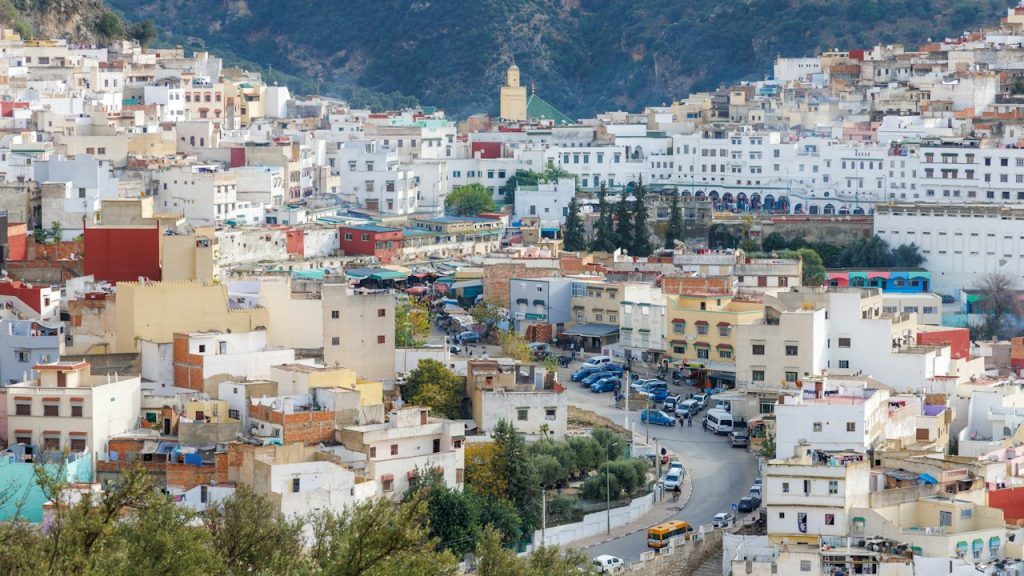White houses climbing a hillside with mountains behind