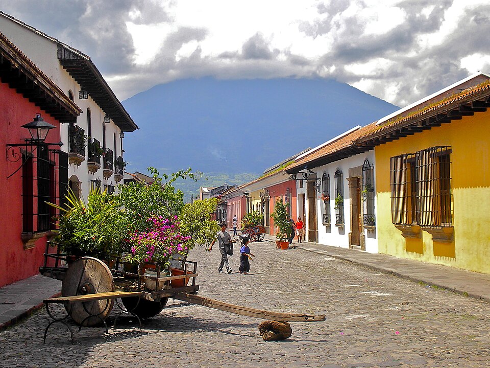 Colonial street with Volcán de Agua in Antigua Guatemala
